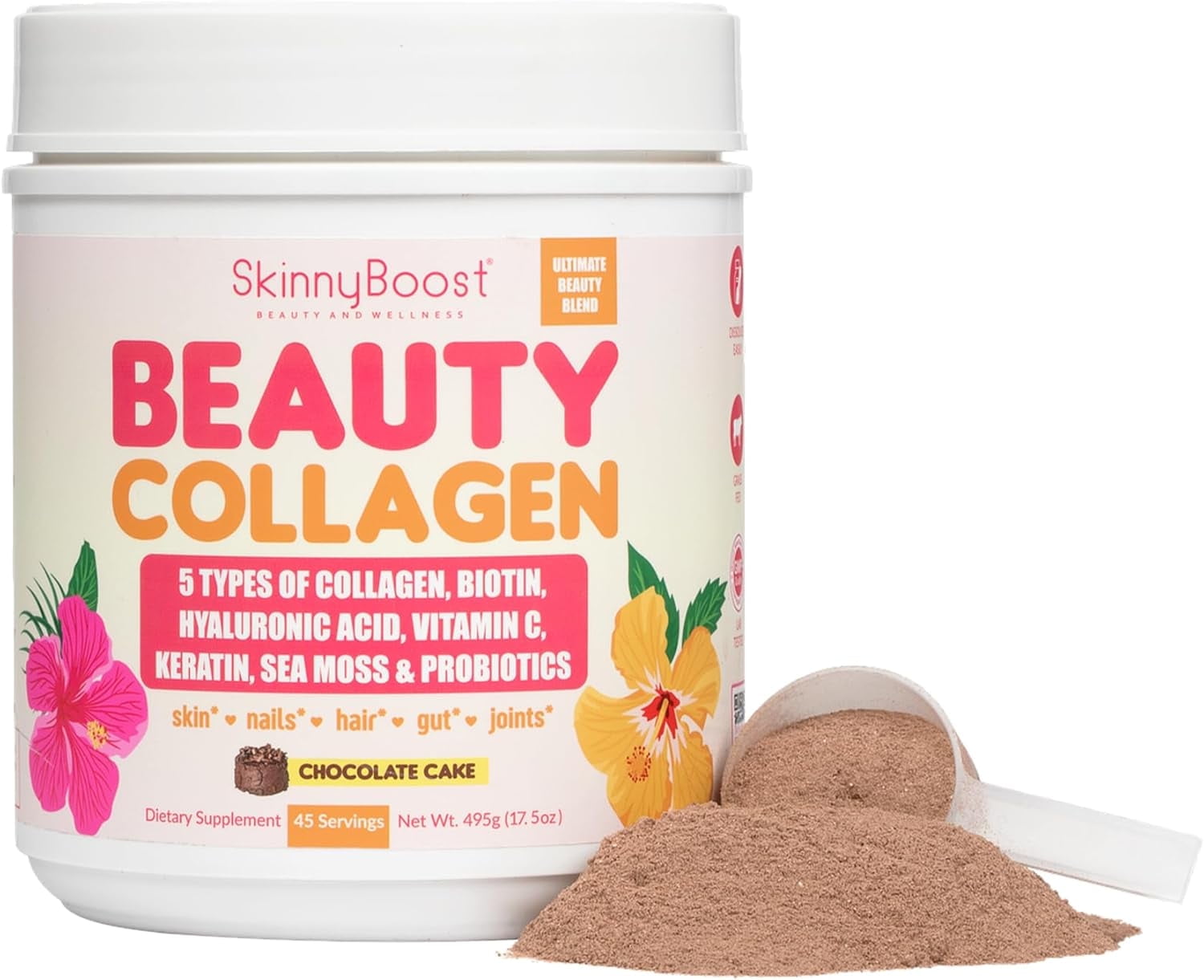 Beauty Collagen-Chocolate Cake Flavored-Ultimate Beauty Blend with 5 Types of Collagen, Sea Moss, Biotin, Keratin, Hyaluronic Acid, Vitamin C, Probiotics-All Natural, Made in USA-45 Servings