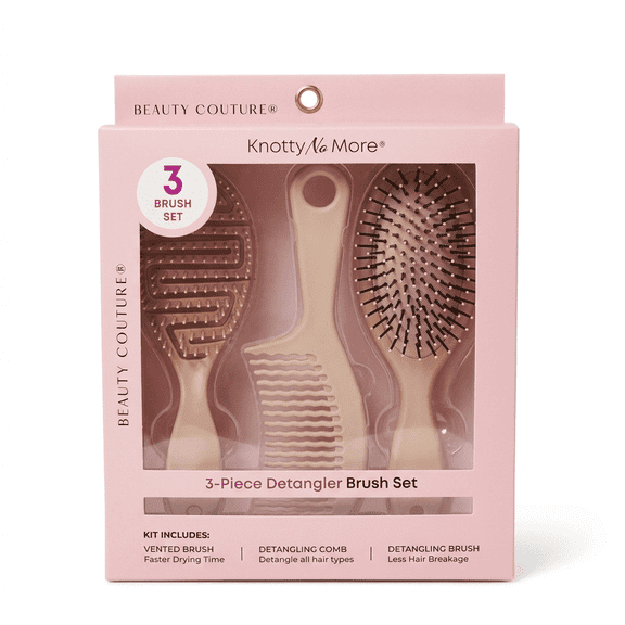 Beauty Couture Knotty No More 3-Piece Detangler Brush Set Includes Detangling Brush, Vented Hair Brush, and Wide-Tooth Detangling Comb