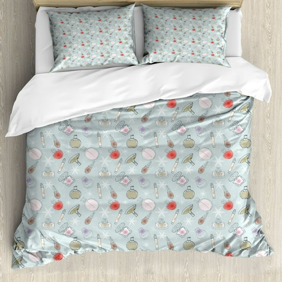 Beauty Duvet Cover Set, Makeup Cosmetic Theme Hand Drawn Perfumes Scents and Snowflake Motifs, Decorative 3 Piece Bedding Set with 2 Pillow Shams, Queen Size, Pale Blue and Multicolor, by Ambesonne