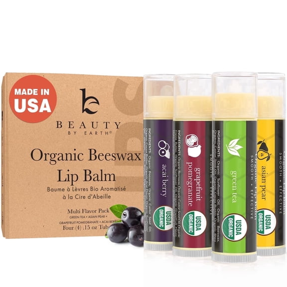 Beauty by Earth Moisturizing USDA Organic Lip Balm -  Soothes and Repairs Dry and Chapped Lips, Multi-Flavored, 4 Pack