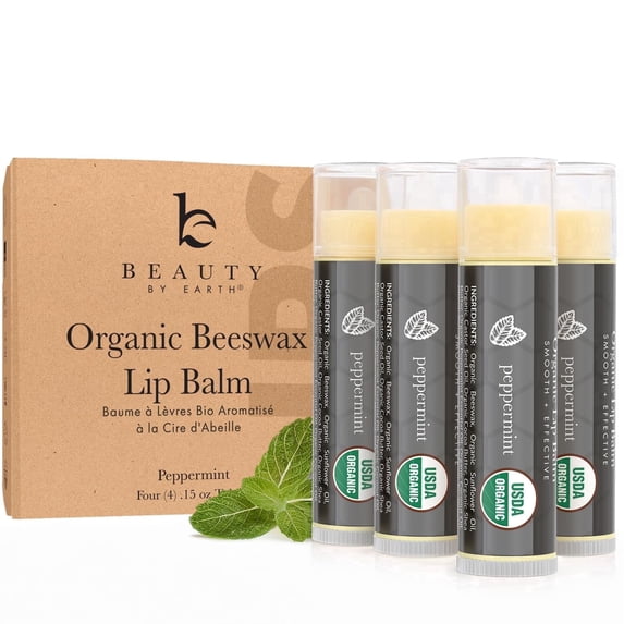 Beauty by Earth Organic Lip Balm 4 pack Peppermint Flavored - Moisturizing Natural Beeswax Chapstick, Long Lasting Therapy to Repair Dry Chapped Cracked Lips