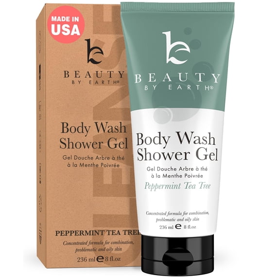 Beauty by Earth Peppermint Tea Tree Oil Shower Gel Body Wash - Made in USA with Organic & Natural Ingredients, Mens Body Soap Liquid, Moisturizing Cleansing Gel for Men & Women, Non Toxic Body Wash