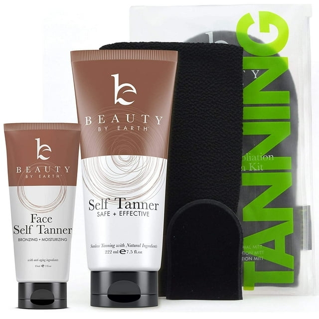 Beauty by Earth Self Tanner Bundle with Applicator Tanning Lotion for