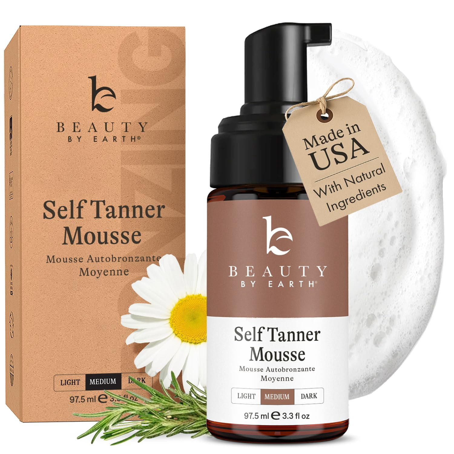 Beauty by Earth Self Tanner Mousse - USA Made with Natural and Organic Ingredients (3.3 oz, Medium to Dark)