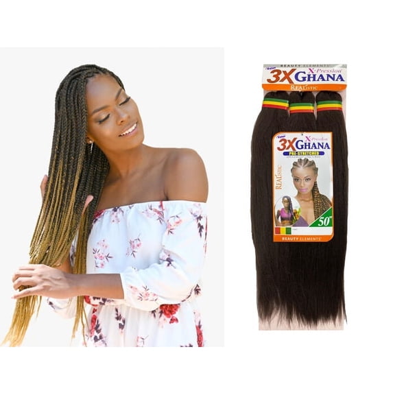 Beauty Elements 3x Ghana Braid Kanekalon Jumbo Braid Pre Stretched X Pression Hair 3x 50” ( #1B Off Black )