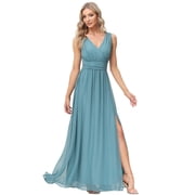 Beauty-Emily Dusty Teal Sleeveless Deep V Chiffon Bridesmaid Dress, High Slit Ruched Waist Long Formal Maxi Gown Wedding Prom Evening Party Dress