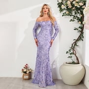Beauty-Emily Lavender Sequin Mermaid Formal Evening Gown Off The Shoulder Long Sleeve Mesh Wedding Guest Prom Party Maxi Dress