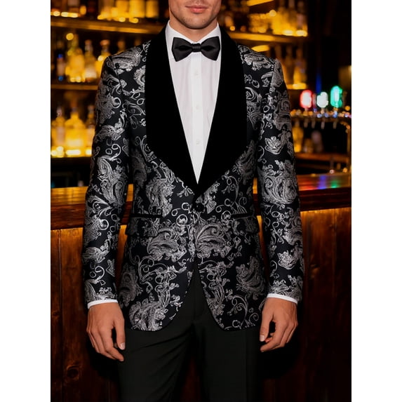 Beauty-Emily Men's 2-Piece Baroque Print Suit Set with Shawl Collar Blazer & Pants – Luxury Slim Fit, Long Sleeve, Wedding, Party & Formal Wear