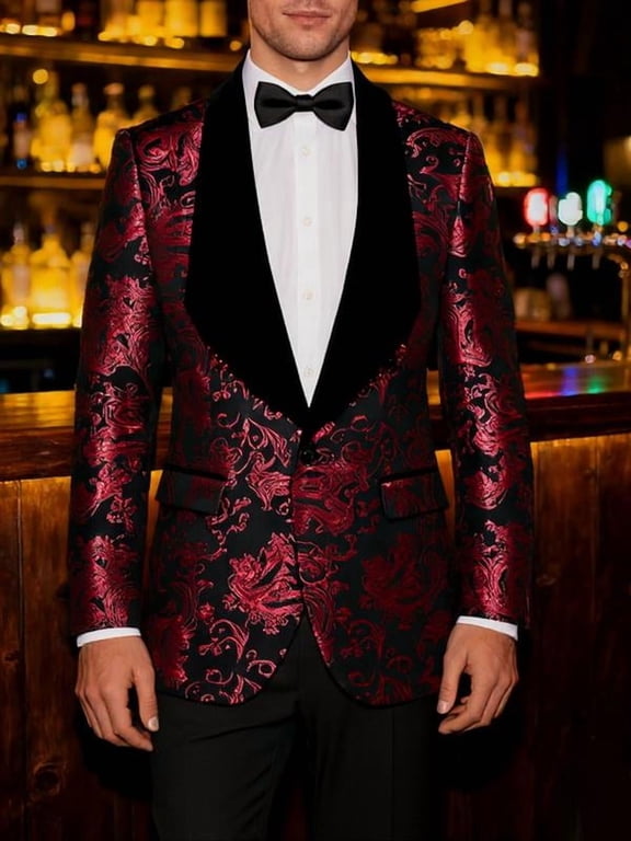 Men's 2-Piece Baroque Print Suit Set with Shawl Collar Blazer & Pants – Luxury Slim Fit, Long Sleeve, Wedding, Party & Formal Wear