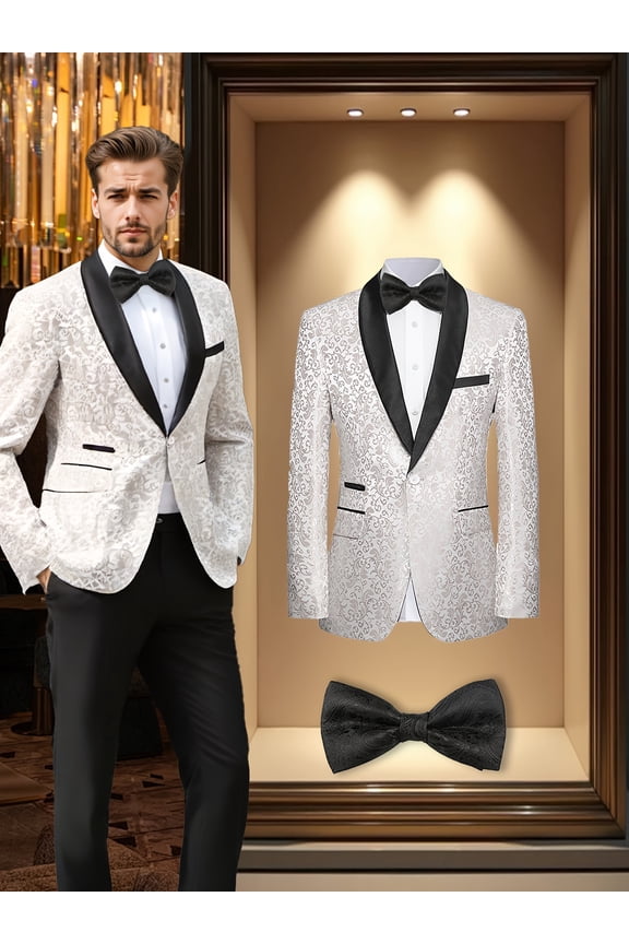Men's 2-Piece Jacquard Suit Set, Floral Print Shawl Collar Blazer, Bow Tie, for Wedding, Business, Party, Banquet, Prom, Formal Events, Graduation