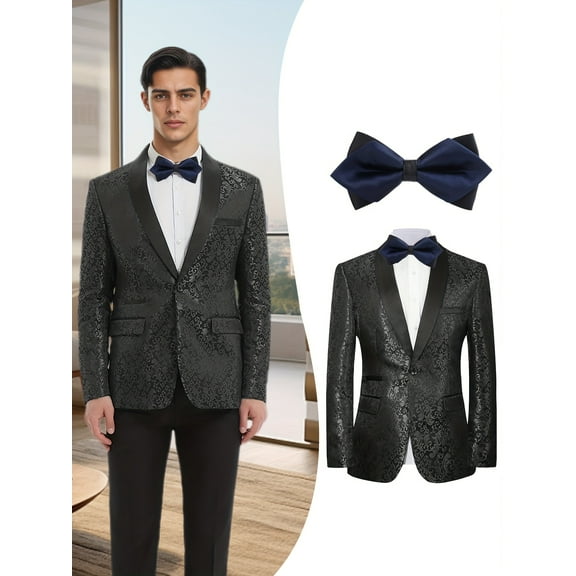 Beauty-Emily Men's 2-Piece Luxury Printed Suit Jacket with Blue Bow Tie – Jacquard Floral, Single-Button Shawl Collar, Wedding, Party & Dinner Wear