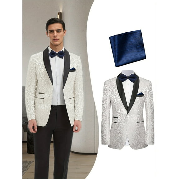 Beauty-Emily Men's 2-Piece Printed Suit with Jacket & Blue Pocket Square – Single-Breasted, Notch Lapel, Floral Jacquard Shawl Collar, Wedding, Party & Evening Wear