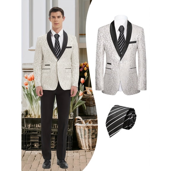 Beauty-Emily Men's 2-Piece Printed Suit with Luxury Blazer & Black Tie – Jacquard Floral, Single-Breasted Shawl Collar, Wedding, Party & Dinner Wear