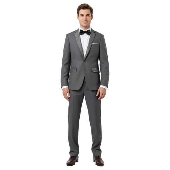 Beauty-Emily Men's 2-Piece Rhinestone Peak Lapel Suit – One-Button Blazer & Pants Set, Slim Fit Tuxedo for Wedding, Prom & Party