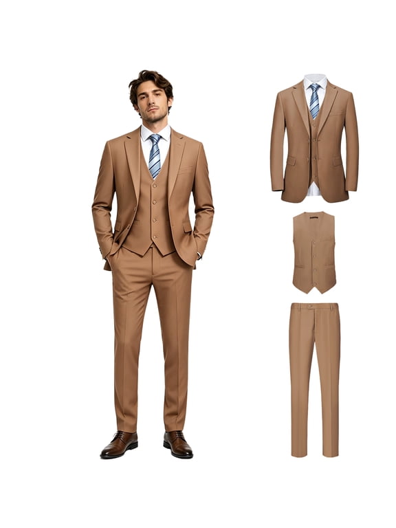 Men's 3‑Piece Camel Suit Set, Jacket + Vest + Trousers, Formal Attire for Banquets, Parties, Interviews and Business Occasions