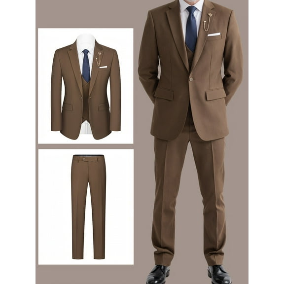 Beauty-Emily Men’s 3-Piece Classic Business Suit Set, 2-Button Lapel Camel Blazer & Pants, Solid Color Tuxedo for Office, Weddings & Daily Wear