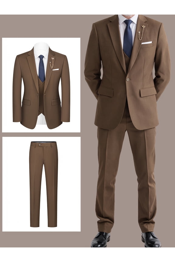 Men’s 3-Piece Classic Business Suit Set, 2-Button Lapel Camel Blazer & Pants, Solid Color Tuxedo for Office, Weddings & Daily Wear