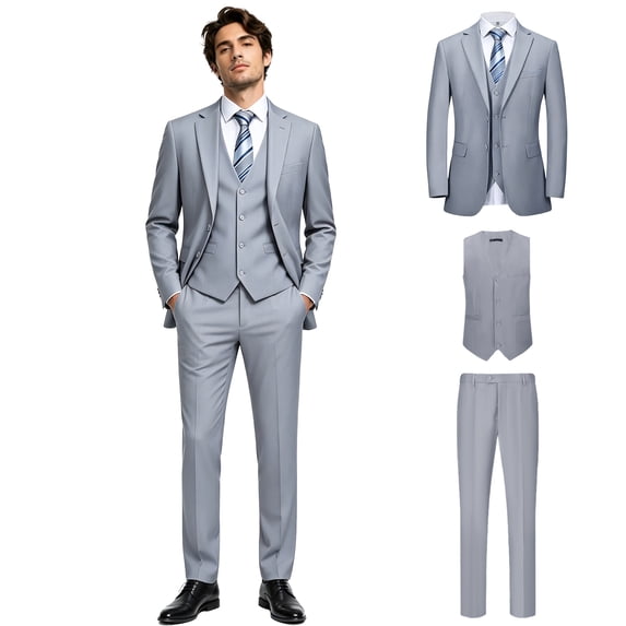 Beauty-Emily Men's 3‑Piece Grey Suit Set, Jacket + Vest + Pants, Formal Outfit for Banquet, Party, Interview & Business