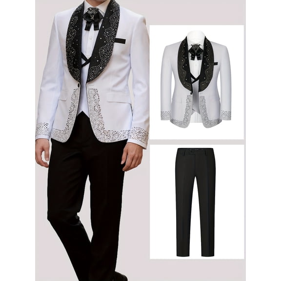 Beauty-Emily Men’s 3-Piece Luxury Rhinestone Suit, Slim Fit Single-Breasted Blazer, Vest & Pants Set, Formal Attire for Prom, Wedding, Party & Banquet