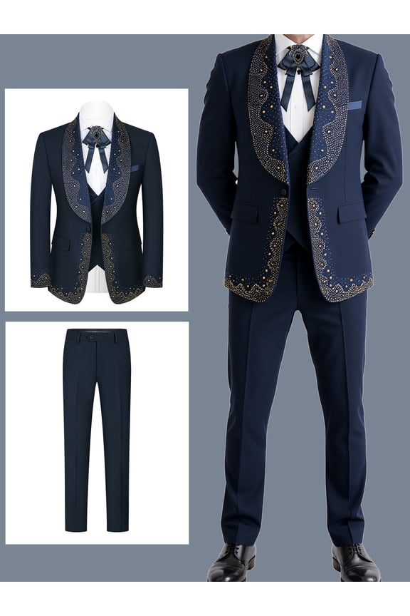 Men’s 3-Piece Luxury Rhinestone Suit, Slim Fit Single-Breasted Blazer, Vest & Pants Set, Formal Attire for Prom, Wedding, Party & Banquet