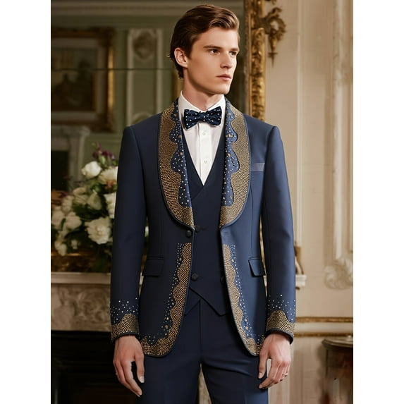 Beauty-Emily Men's 3-Piece Rhinestone Tuxedo Suit with Shawl Collar Blazer, Vest & Pants – One Button, Tailored Fit, Wedding, Prom & Formal Wear