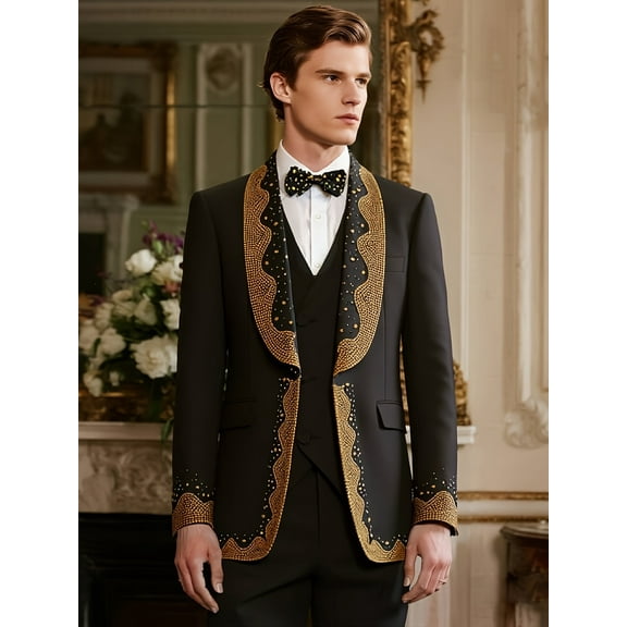 Beauty-Emily Men's 3-Piece Rhinestone Tuxedo Suit with Shawl Collar Blazer, Vest & Pants – One Button, Tailored Fit, Wedding, Prom & Formal Wear
