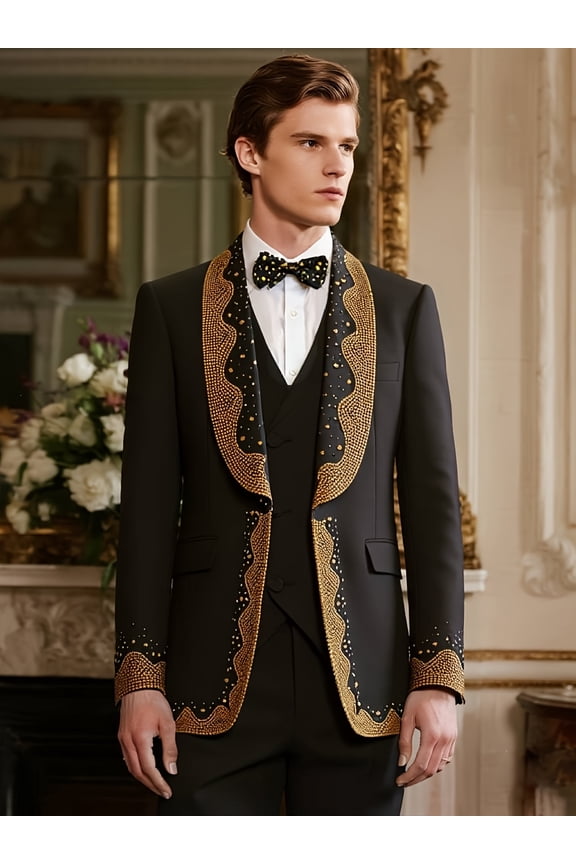 Men's 3-Piece Rhinestone Tuxedo Suit with Shawl Collar Blazer, Vest & Pants – One Button, Tailored Fit, Wedding, Prom & Formal Wear