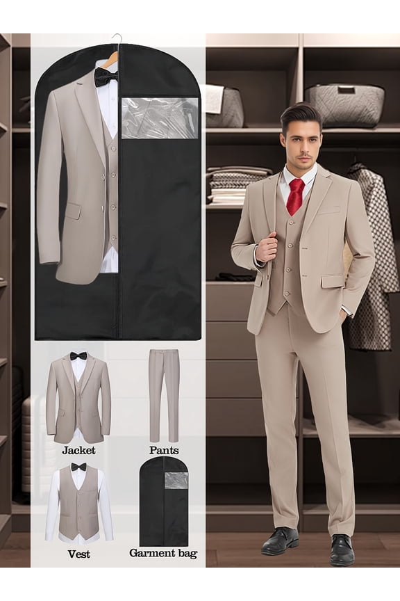 Men’s 3-Piece Slim Fit Suit Set with Blazer, Vest, Pants & Garment Bag, Formal Business and Wedding Tuxedo