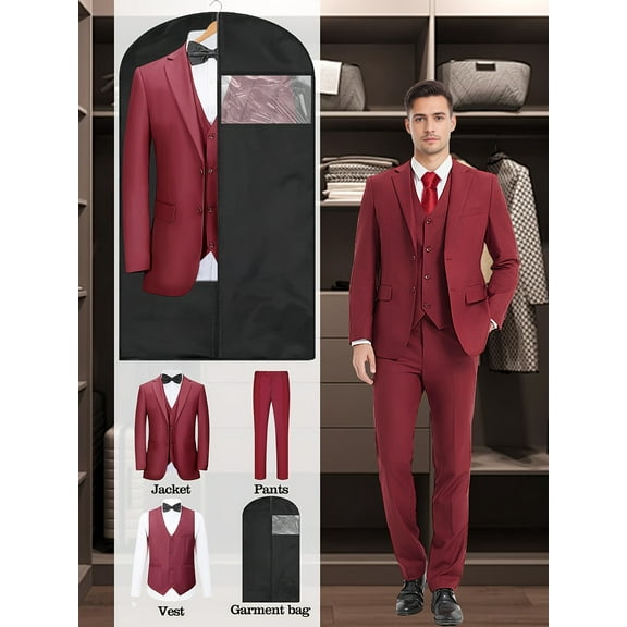 Beauty-Emily Men’s 3-Piece Slim Fit Suit Set with Blazer, Vest, Pants & Garment Bag, Formal Business and Wedding Tuxedo