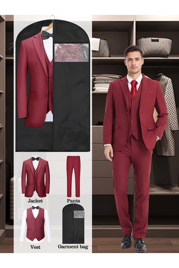Men’s 3-Piece Slim Fit Suit Set with Blazer, Vest, Pants & Garment Bag, Formal Business and Wedding Tuxedo