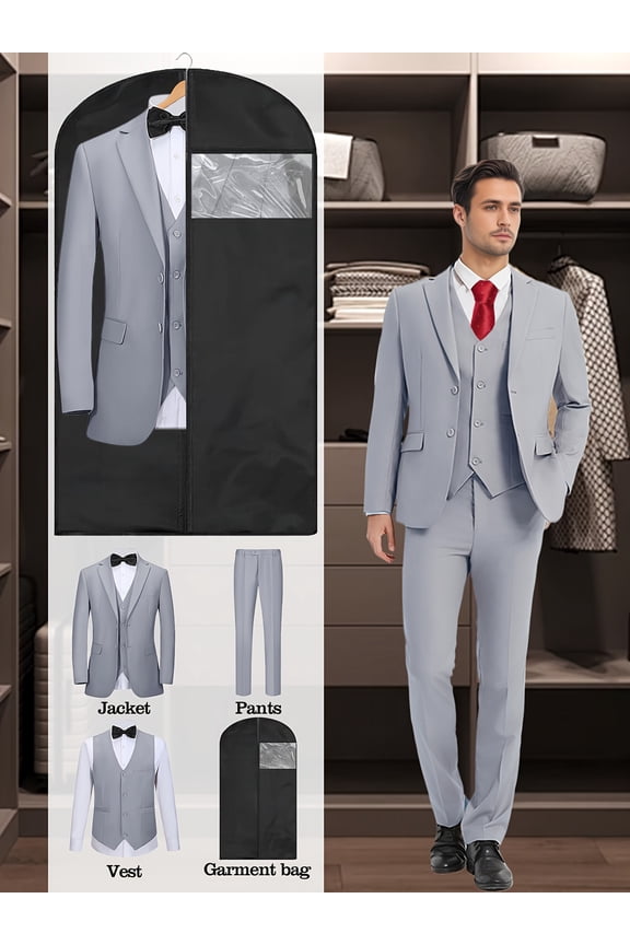 Men’s 3-Piece Slim Fit Suit Set with Blazer, Vest, Pants & Garment Bag, Formal Business and Wedding Tuxedo