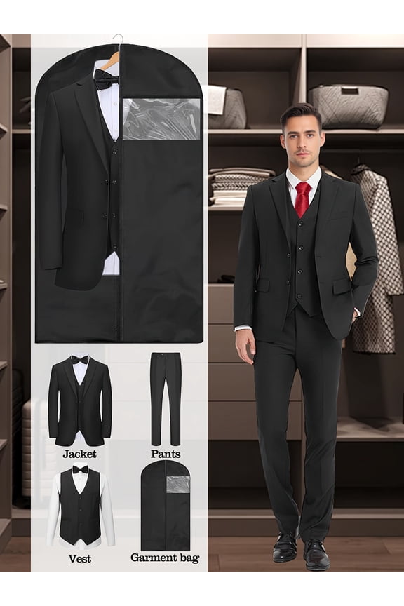 Men’s 3-Piece Slim Fit Suit Set with Blazer, Vest, Pants & Garment Bag, Formal Business and Wedding Tuxedo
