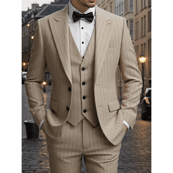 Beauty-Emily Men’s 3-Piece Suit Set – Vertical Striped Blazer, Vest & Pants, Classic Two-Button Design for Wedding, Business, Party, or Formal Events