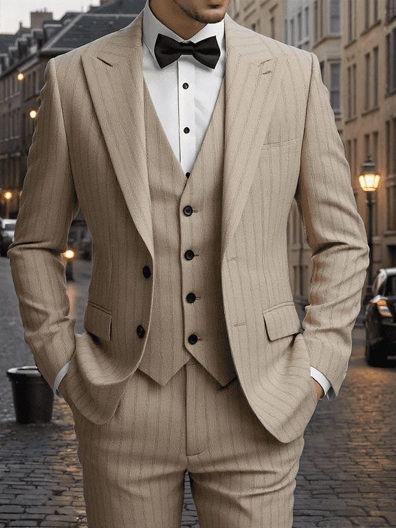 Men’s 3-Piece Suit Set – Vertical Striped Blazer, Vest & Pants, Classic Two-Button Design for Wedding, Business, Party, or Formal Events