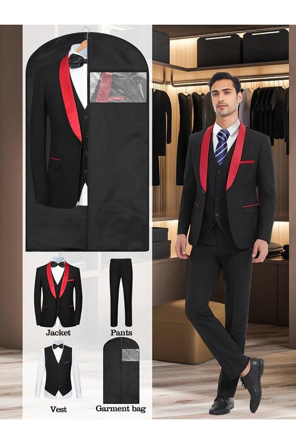 Men’s 3-Piece Tuxedo Suit with Jacket, Vest & Pants, Gift a suit exclusive dust bag, Classic Formal Style with Garment Bag – Perfect for Weddings, Proms & Special Events
