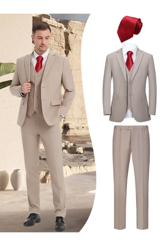 Men's 4-Piece Boutique Suit with Jacket, Vest, Pants & Red Tie – V-Neck Design, Tailored Fit, Premium Fabric, Wedding, Party & Business Wear