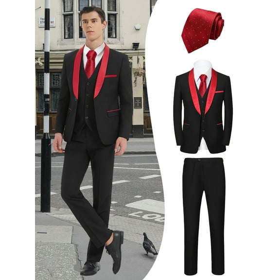 Beauty-Emily Men's 4-Piece Boutique Suit Set, Blazer, Vest, Pants & Red Tie, Elegant British Style Slim Fit Formal Attire for Business, Wedding, Banquet & Special Events