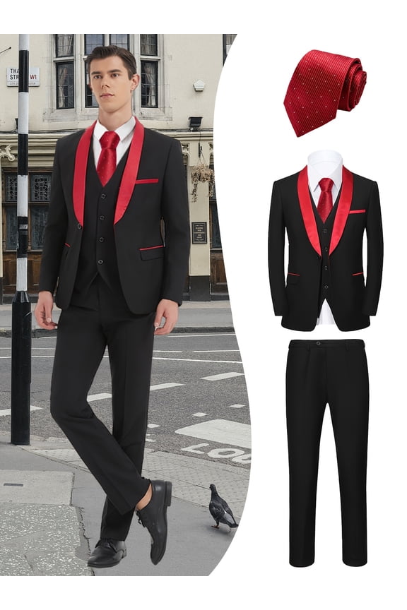 Men's 4-Piece Boutique Suit Set, Blazer, Vest, Pants & Red Tie, Elegant British Style Slim Fit Formal Attire for Business, Wedding, Banquet & Special Events