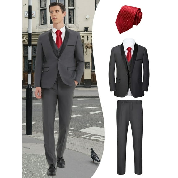 Beauty-Emily Men's 4-Piece Boutique Suit Set, Blazer, Vest, Pants & Red Tie, Elegant British Style Slim Fit Formal Attire for Business, Wedding, Banquet & Special Events