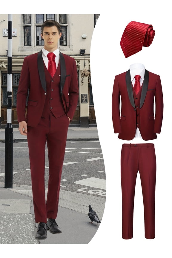 Men's 4-Piece Boutique Suit Set, Blazer, Vest, Pants & Red Tie, Elegant British Style Slim Fit Formal Attire for Business, Wedding, Banquet & Special Events