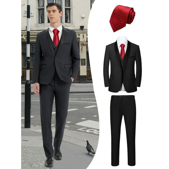 Beauty-Emily Men's 4-Piece Boutique Suit Set, Blazer, Vest, Pants & Red Tie, Elegant British Style Slim Fit Formal Attire for Business, Wedding, Banquet & Special Events