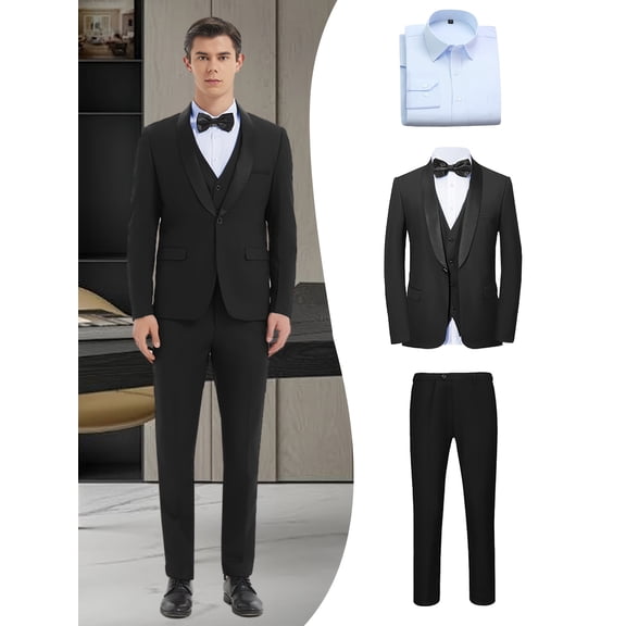 Beauty-Emily Men's 4-Piece Boutique Suit Set with Jacket, Vest, Pants & Light Blue Shirt, British Style Slim Fit Business Suit for Weddings, Banquets & Formal Events