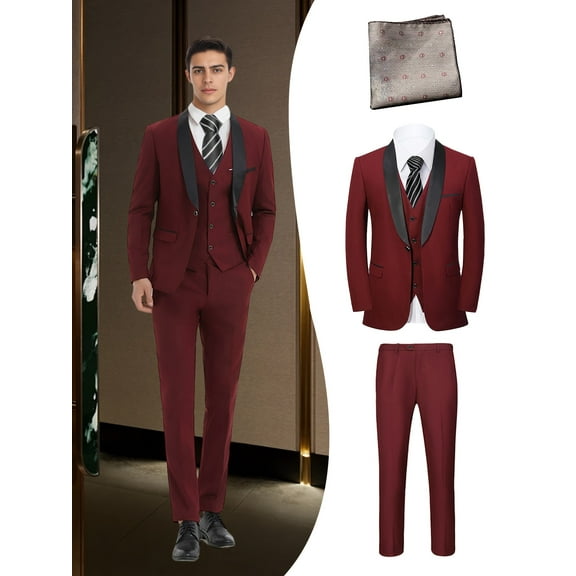 Beauty-Emily Men's 4-Piece Boutique Wedding Tailcoat Set, Jacket, Vest, Pants & Champagne Handkerchief, Formal British Style Suit for Groom, Prom, Party & Business Events