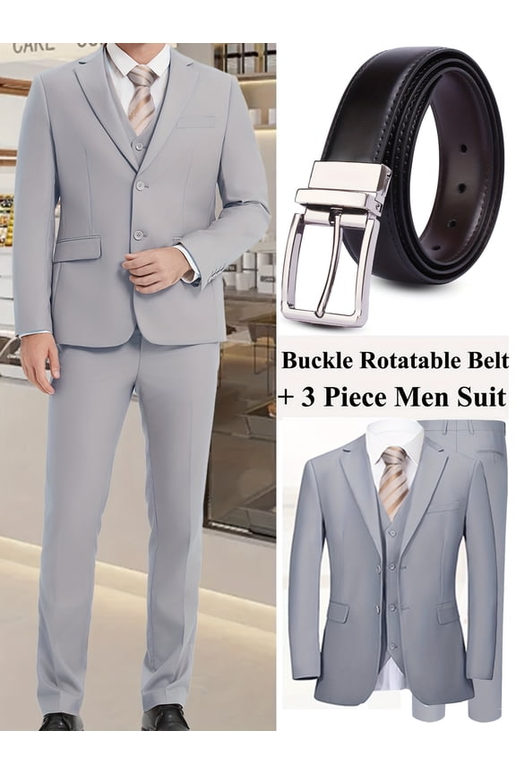 Men’s 4-Piece Business Suit Set, Double-Button Blazer, Vest, Pants & Belt, Formal Office & Meeting Attire
