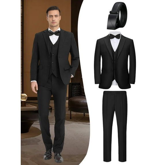Beauty-Emily Men's 4-Piece Business Suit Set, Jacket, Vest, Pants, Waistband, V-Neck, for Weddings, Dances, Business Events