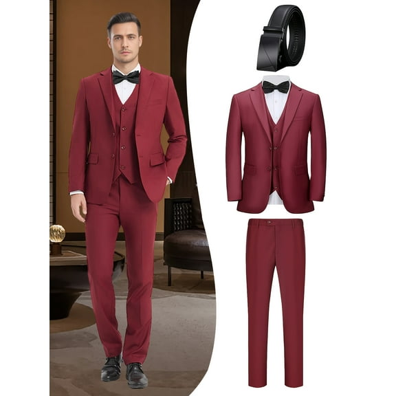 Beauty-Emily Men's 4-Piece Business Suit Set, Jacket, Vest, Pants, Waistband, V-Neck, for Weddings, Dances, Business Events