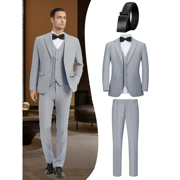 Beauty-Emily Men's 4-Piece Business Suit Set, Jacket, Vest, Pants, Waistband, V-Neck, for Weddings, Dances, Business Events