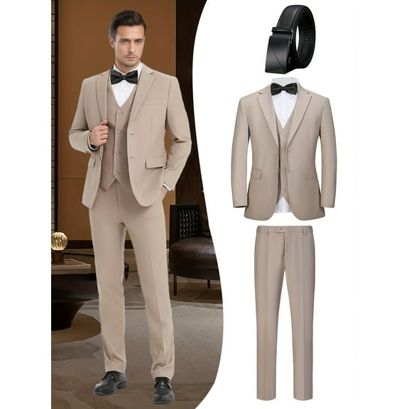 Beauty-Emily Men's 4-Piece Business Suit Set, Jacket, Vest, Pants, Waistband, V-Neck, for Weddings, Dances, Business Events