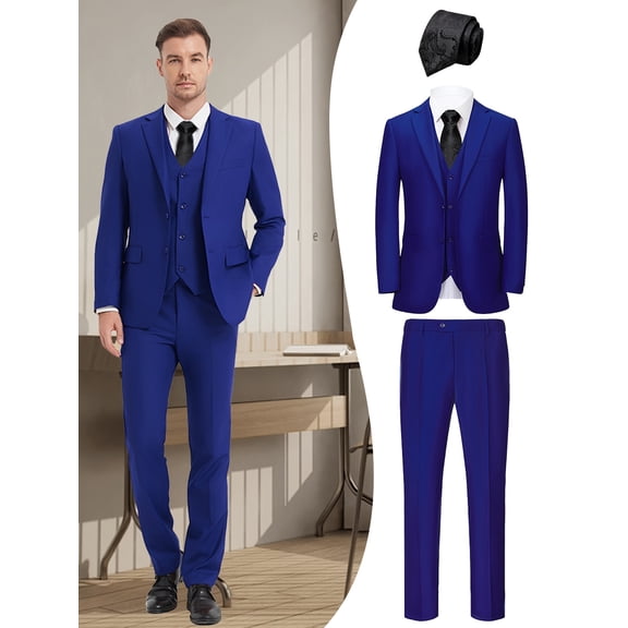 Beauty-Emily Men’s 4-Piece Business Suit Set, Jacket, Vest, Pants and Black Tie, Formal Office and Interview Attire