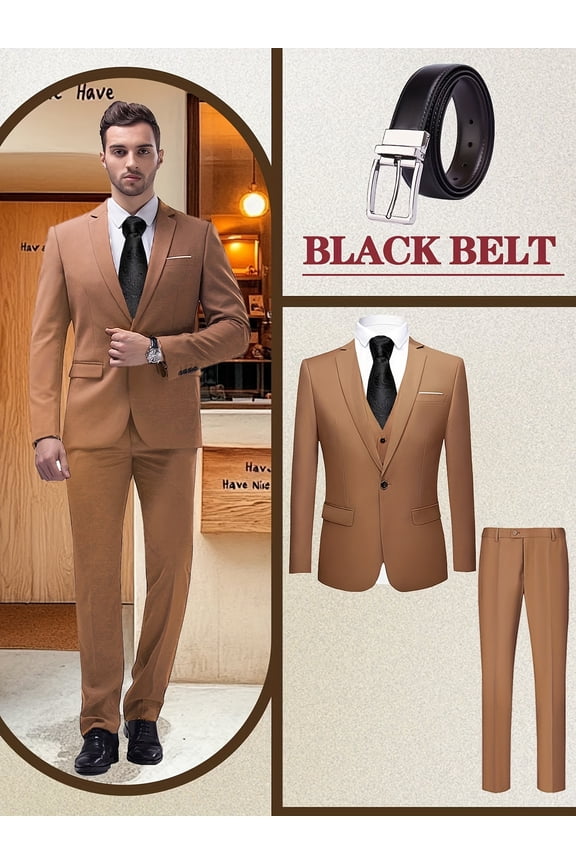 Men’s 4-Piece Business Suit Set, Lapel Jacket, Vest, Slim Trousers & Belt – Solid Color Formal Attire for Office, Meetings & Special Events